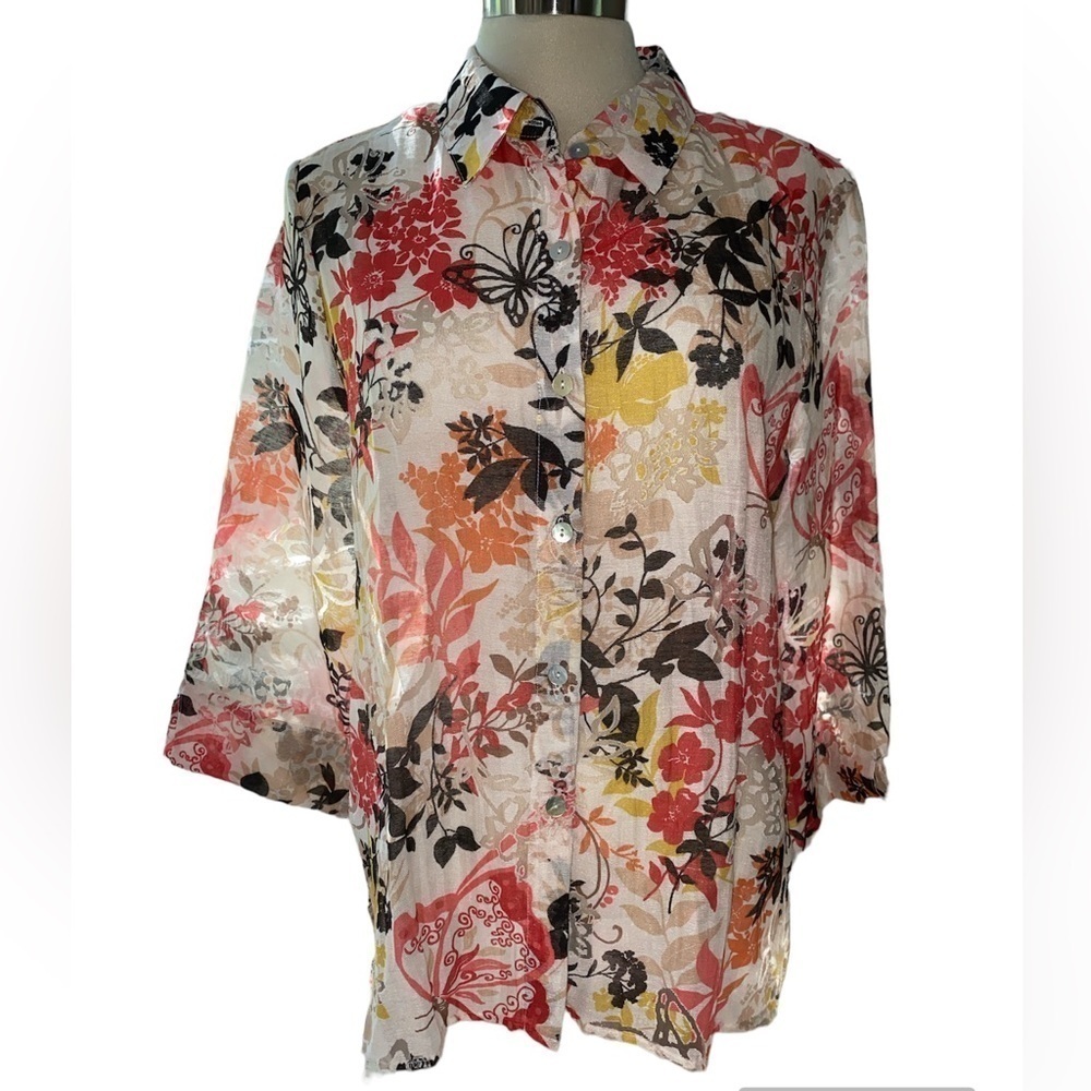 Alfred Dunner blouse button down sheer flowers/butterflies print Size 14 Petite